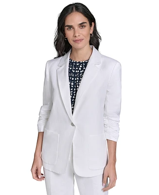 Calvin Klein Petite Ruched-Sleeve Linen-Blend Blazer