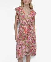 Dkny Women's V-Neck Flutter-Sleeve Faux-Wrap Dress
