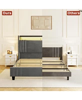 Hausource King Size Upholstered Bed Frame with Velvet Storage Headboard Platform Bed
