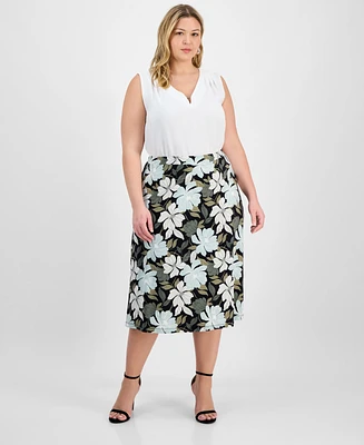 Kasper Plus Floral-Print Pull-On Midi Skirt