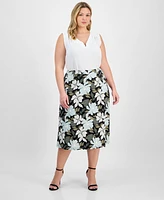 Kasper Plus Floral-Print Pull-On Midi Skirt