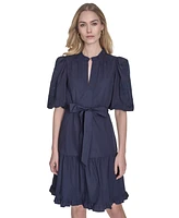 Vince Camuto Women's Split-Neck Elbow-Sleeve Cotton Dress