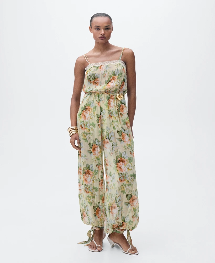 Mango Women's Puffed Hem Long Floral Jumpsuit