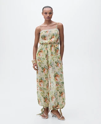 Mango Women's Puffed Hem Long Floral Jumpsuit