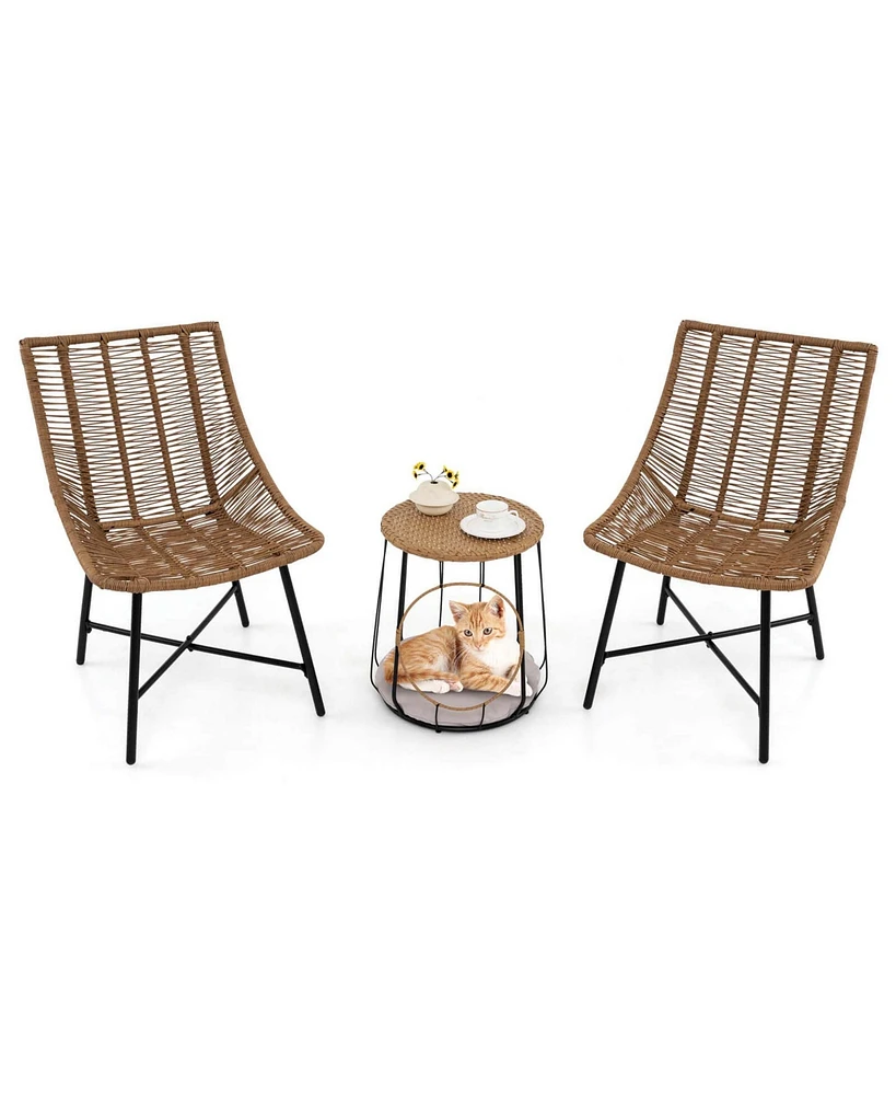 3 Pcs Outdoor Furniture Set with Pet House & Heavy Duty Metal Frame