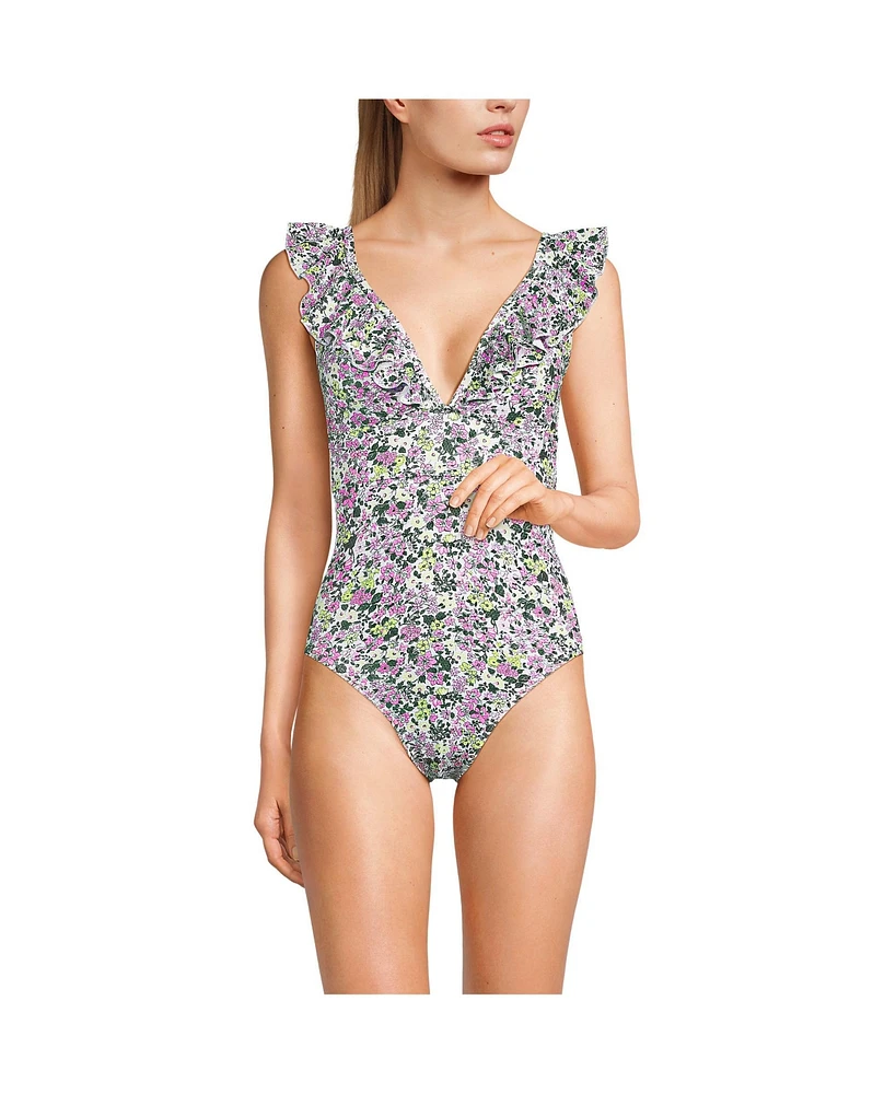 Lands' End Women's Pique Ruffle One Piece Swimsuit