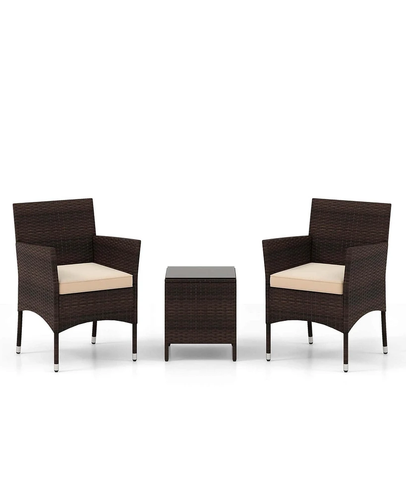 3 Pcs Outdoor Conversation Set with Cushioned Seat & Tempered Glass Tabletop
