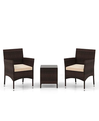 3 Pcs Outdoor Conversation Set with Cushioned Seat & Tempered Glass Tabletop