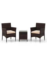 3 Pcs Outdoor Conversation Set with Cushioned Seat & Tempered Glass Tabletop