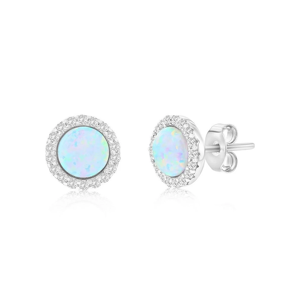 Sterling Silver White Synthetic Opal Round Halo, Cz Border Earrings