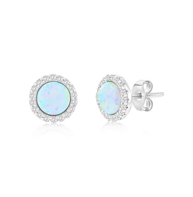 Sterling Silver White Synthetic Opal Round Halo, Cz Border Earrings
