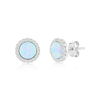 Sterling Silver White Synthetic Opal Round Halo, Cz Border Earrings