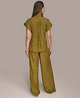 Donna Karan New York Womens Crinkled Cap Sleeve Shirt Wide Leg Pants