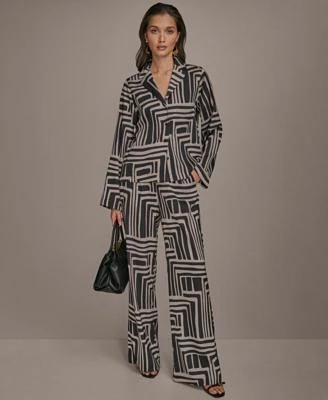 Donna Karan New York Womens Printed Button Down Shirt Wide Leg Pants