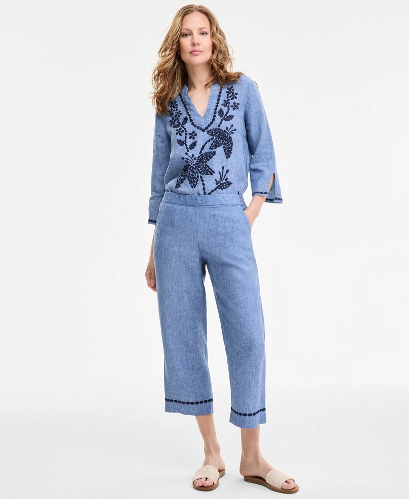 Charter Club Women's Embroidered-Cuff 100% Linen Woven Cropped Pants, Exclusively at Macy's