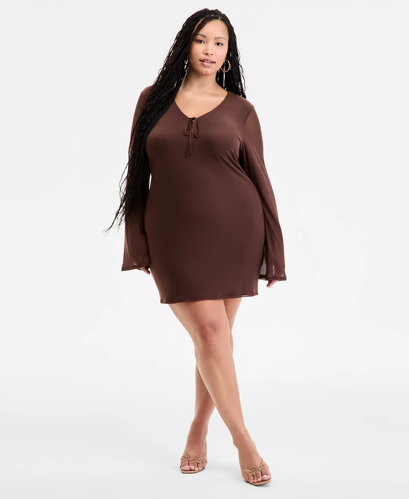 Bar Iii Plus Long-Sleeve Solid-Mesh Mini Dress, Exclusively at Macy's