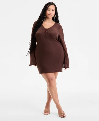 Bar Iii Plus Long-Sleeve Solid-Mesh Mini Dress, Exclusively at Macy's