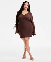 Bar Iii Plus Long-Sleeve Solid-Mesh Mini Dress, Exclusively at Macy's