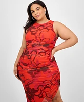 Bar Iii Trendy Plus Printed Shirred Midi Dress, Exclusively at Macy's