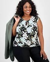 Kasper Plus Floral-Print Keyhole Top