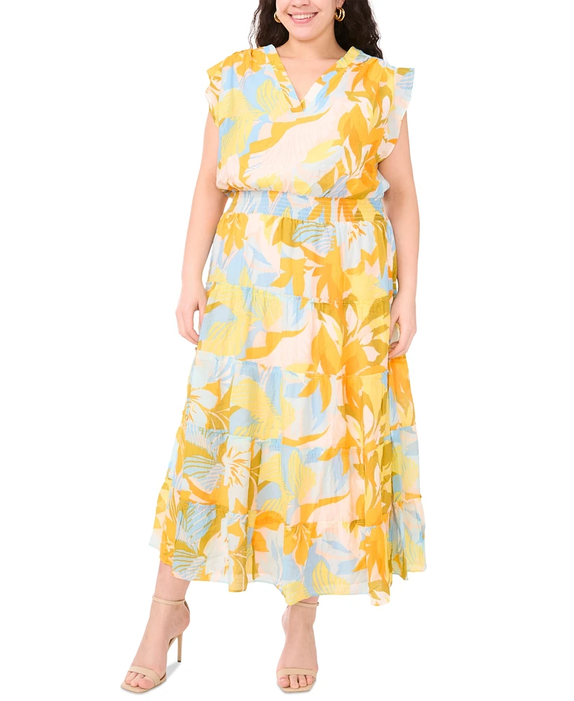 Msk Plus Printed Flutter-Sleeve Tiered Maxi Dress
