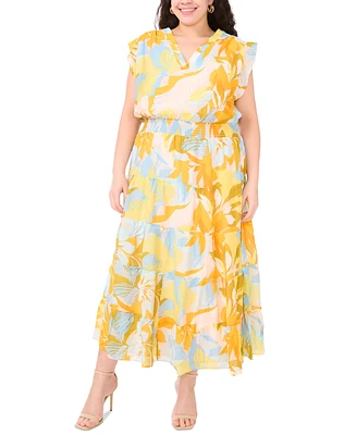 Msk Plus Printed Flutter-Sleeve Tiered Maxi Dress