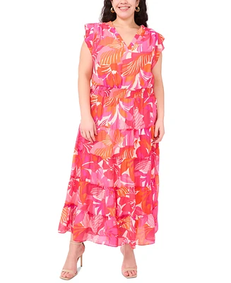 Msk Plus Printed Flutter-Sleeve Tiered Maxi Dress