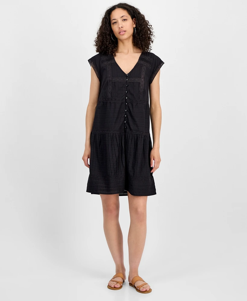 Lucky Brand Women's Cotton Button-Front Lace Mini Dress