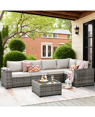 Xizzi Patio Furniture Set,6 Piece Outdoor Sectional Sofa Couch Set,Patio Conversation Set with Modular Wicker Chairs,Widened Armrest,Side Table,Orange