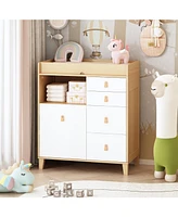 Multi-purpose diaper table with four drawers, baby changing station with multiple storage compartments and drawers, natural wood