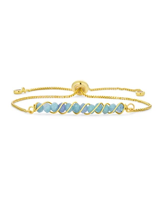 Bling Jewelry Fashion Stone Bolo Bracelet with Natural Pink Tourmaline Aquamarine Turquoise Gold Plated
