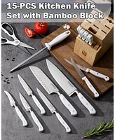 Cook N Home Kitchen Knife Set with Bamboo Storage Block 15-Piece, High Carbon Stainless Steel Blade, White