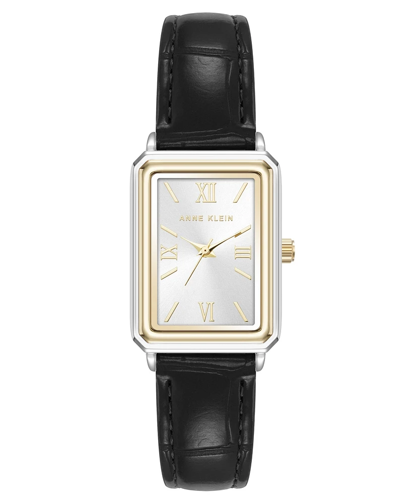 Anne Klein Women's Quartz Casual Black Polyurethane Leather and Two-Tone Metal Alloy Watch, 25mm