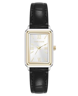 Anne Klein Women's Quartz Casual Black Polyurethane Leather and Two-Tone Metal Alloy Watch, 25mm