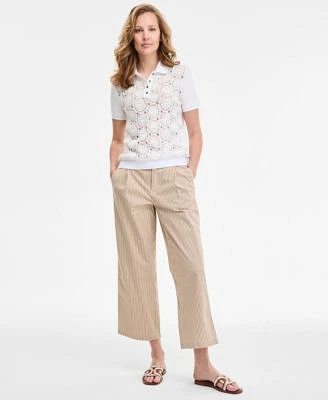 Tommy Hilfiger Womens Lace Front Short Sleeve Cotton Top Striped Extended Tab Cropped Pants