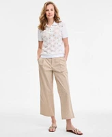 Tommy Hilfiger Womens Lace Front Short Sleeve Cotton Top Striped Extended Tab Cropped Pants