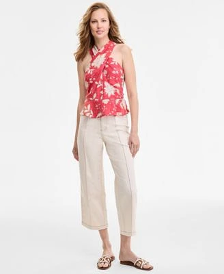 Tommy Hilfiger Womens Floral Print Sleeveless Peplum Halter Top Wide Leg No Waistband Cropped Denim Jeans