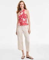 Tommy Hilfiger Womens Floral Print Sleeveless Peplum Halter Top Wide Leg No Waistband Cropped Denim Jeans