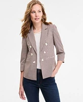 Jones New York Womens Checkered Print Faux Double Breasted Jacket Extended Shoulder Lattice Neck Top Lexington Mid Rise Straight Leg Denim Jeans