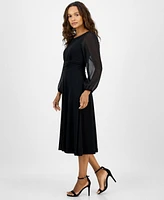 Connected Petite Shirred-Waist Sheer-Sleeve Midi Dress
