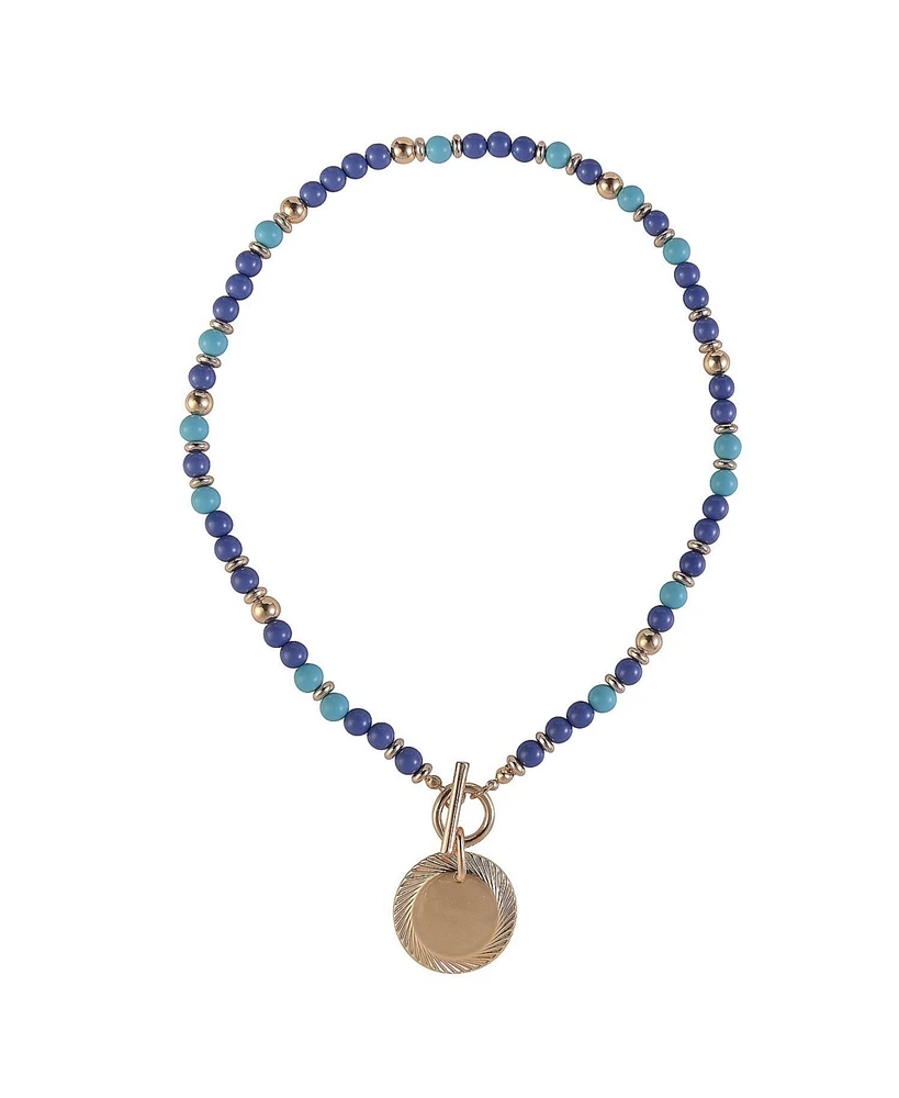 Rachel Rachel Roy Blue Beaded Toggle Necklace with Gold Tone Disc Pendant