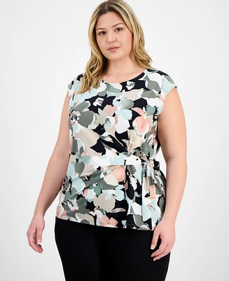 Kasper Plus Floral-Print Side-Tie Top