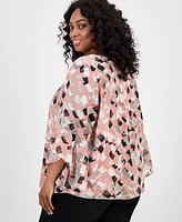 Kasper Plus Printed Bell-Sleeve Blouse