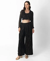 Raas Women's Black and Gold Palazzo Pantsuit with Long Sleeve Crop Top