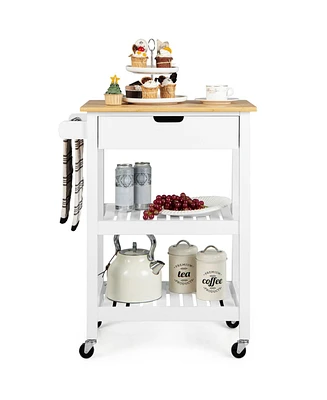 3-Tier Kitchen Island Cart Rolling Service Trolley with Bamboo Top