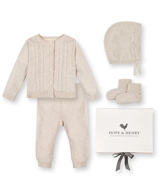 Hope & Henry Baby 5 Piece Organic Sweater Cable Cardigan, Legging, Hat, Bootie Boxed Gift Set