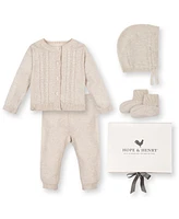 Hope & Henry Baby 5 Piece Organic Sweater Cable Cardigan, Legging, Hat, Bootie Boxed Gift Set