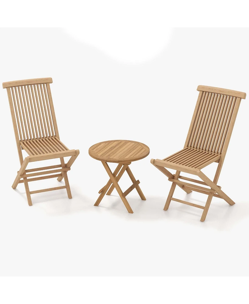 3PCS Patio Bistro Set Round Table Teak Wood Folding Chair Slatted Tabletop Seat