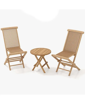 3PCS Patio Bistro Set Round Table Teak Wood Folding Chair Slatted Tabletop Seat