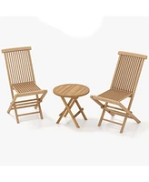 3PCS Patio Bistro Set Round Table Teak Wood Folding Chair Slatted Tabletop Seat
